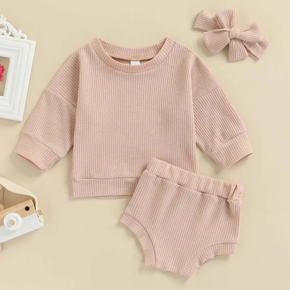 Toddler Girl Boho Waffle Knit Light Pink Sweater & High Waist Bloomer Shorts Set